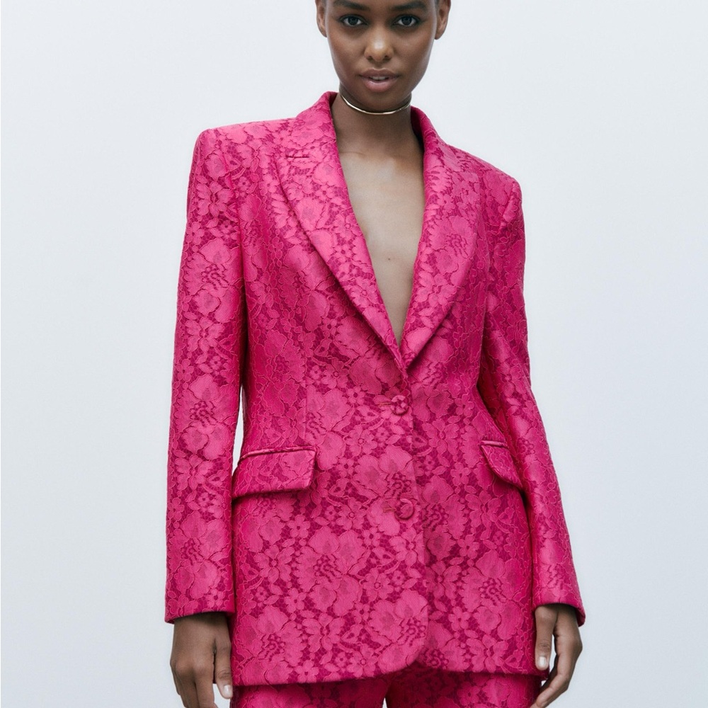 ZARA Tailored Lace Floral Blazer | Fuchsia | M